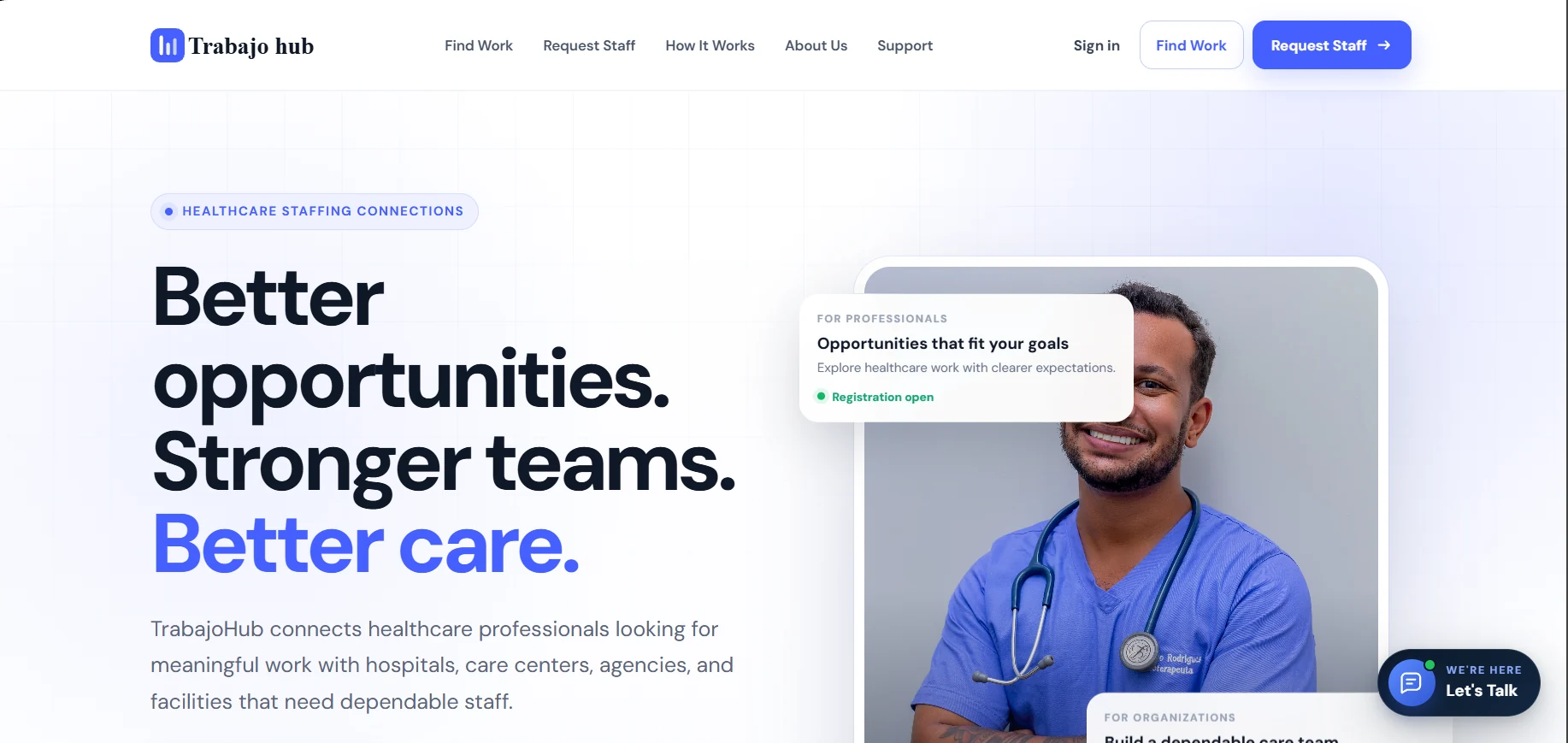Actual TrabajoHub website screenshot showing its Better opportunities, Stronger teams, Better care homepage and healthcare-professional hero.