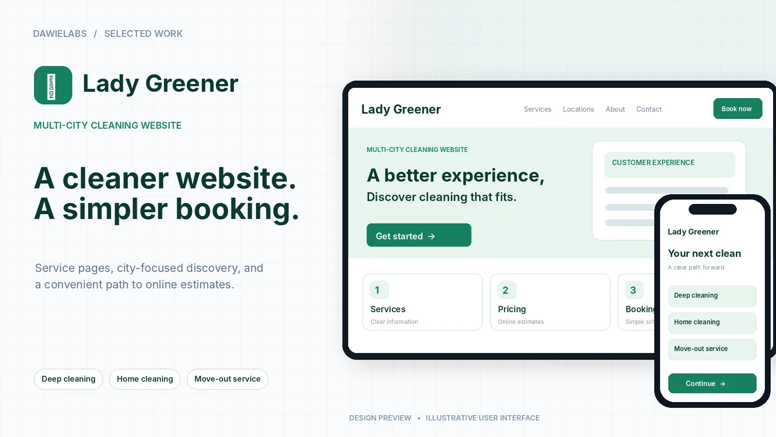 Illustrative Lady Greener desktop and mobile cleaning website design