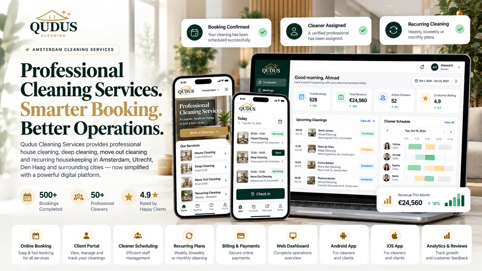 Illustrative Qudus Cleaning Services website, scheduling dashboard and mobile interfaces